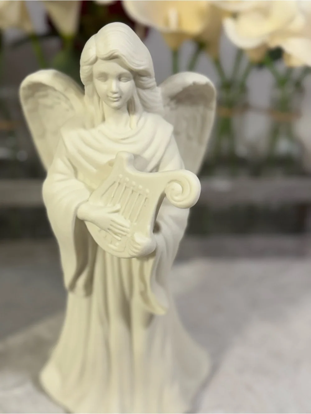 PartyLite Lyrical Angel Playing Harp Bisque Porcelain Taper Candle Holder P0461